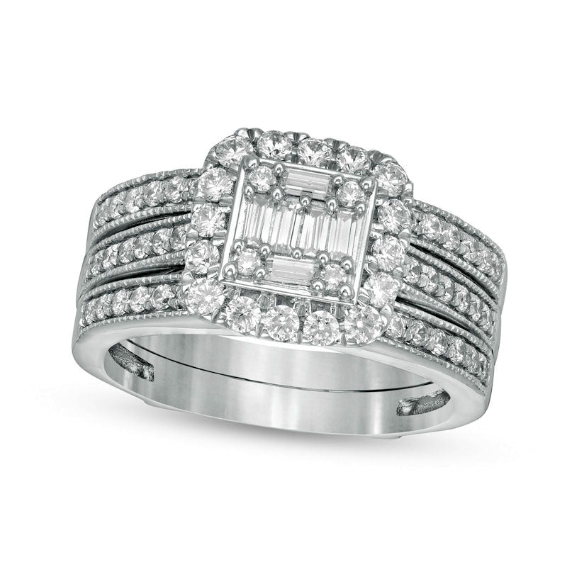 Image of ID 1 10 CT TW Baguette and Round Natural Diamond Cushion Frame Bridal Engagement Ring Set in Solid 14K White Gold