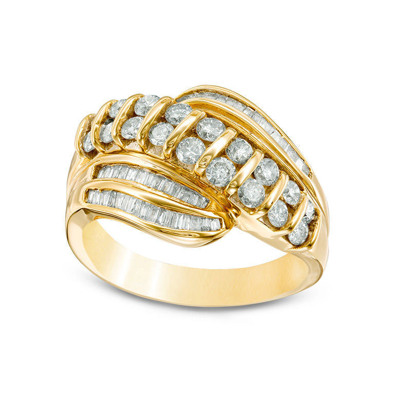 Image of ID 1 10 CT TW Baguette and Round Natural Diamond Layered Wave Ring in Sterling Silver with Solid 14K Gold Plate