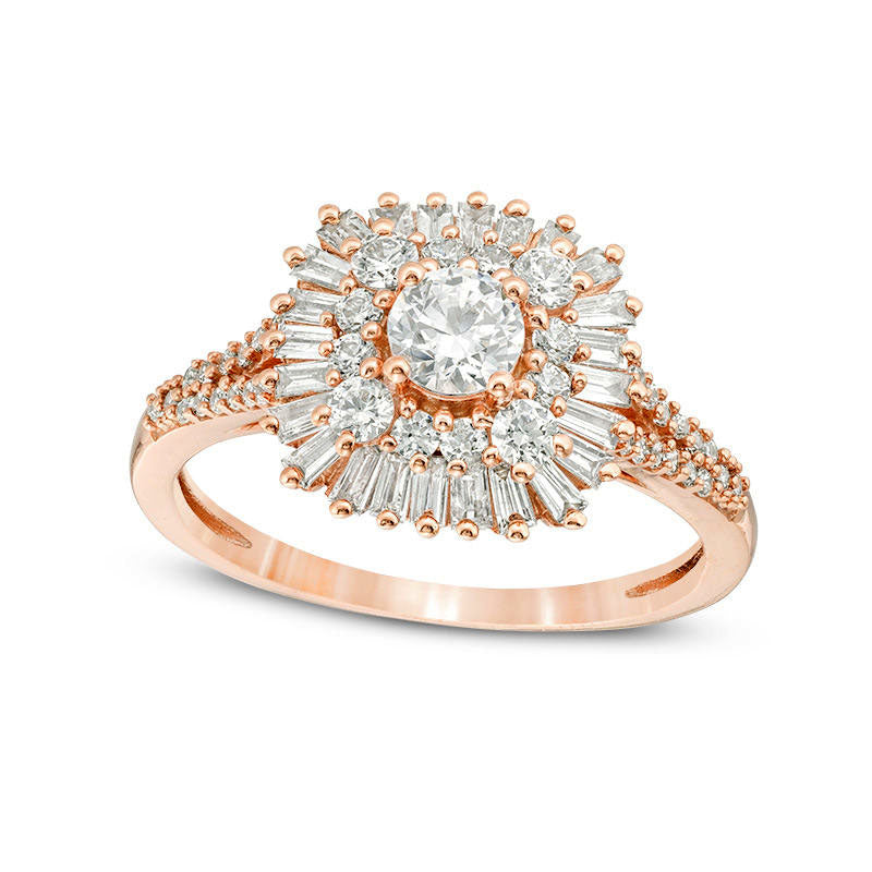 Image of ID 1 10 CT TW Baguette and Round Natural Diamond Starburst Frame Ring in Solid 14K Rose Gold