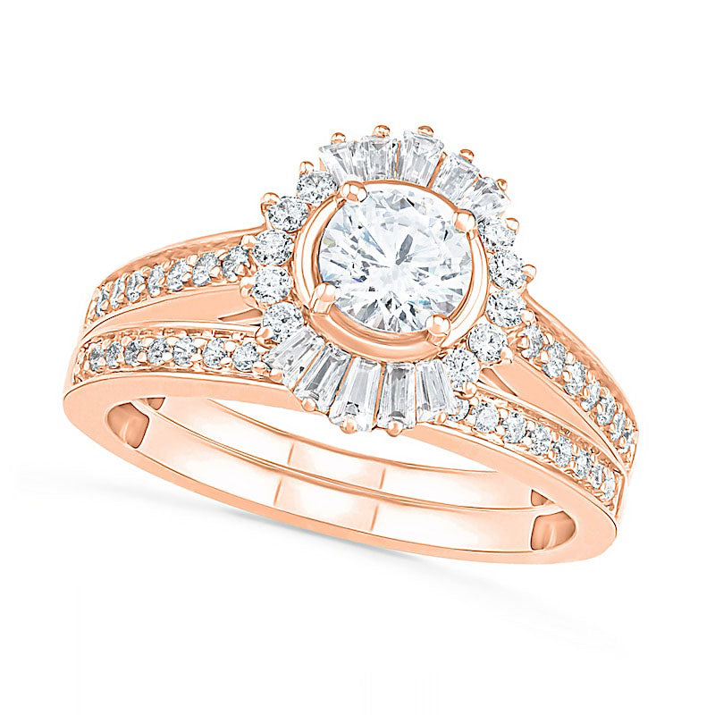 Image of ID 1 10 CT TW Baguette and Round Natural Diamond Sunburst Frame Bridal Engagement Ring Set in Solid 10K Rose Gold