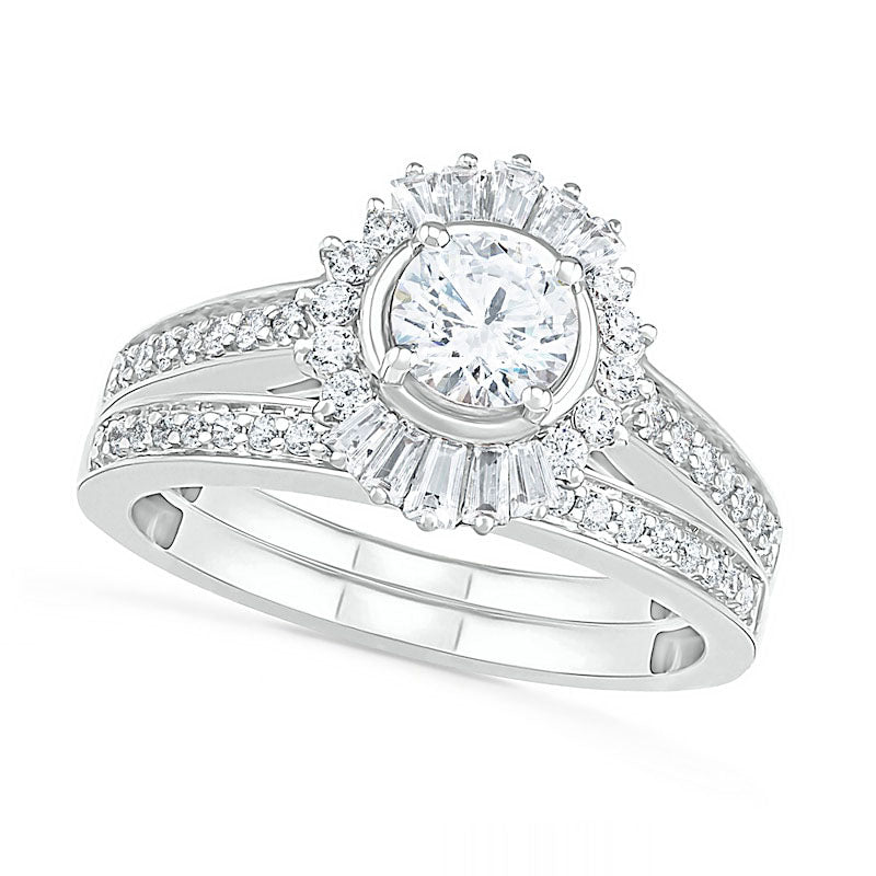 Image of ID 1 10 CT TW Baguette and Round Natural Diamond Sunburst Frame Bridal Engagement Ring Set in Solid 10K White Gold