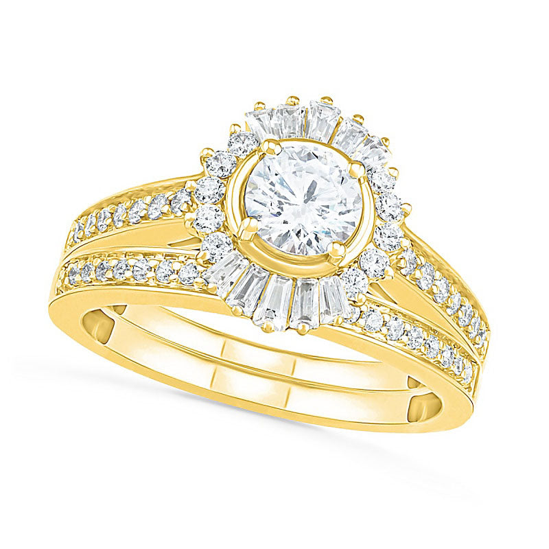Image of ID 1 10 CT TW Baguette and Round Natural Diamond Sunburst Frame Bridal Engagement Ring Set in Solid 10K Yellow Gold