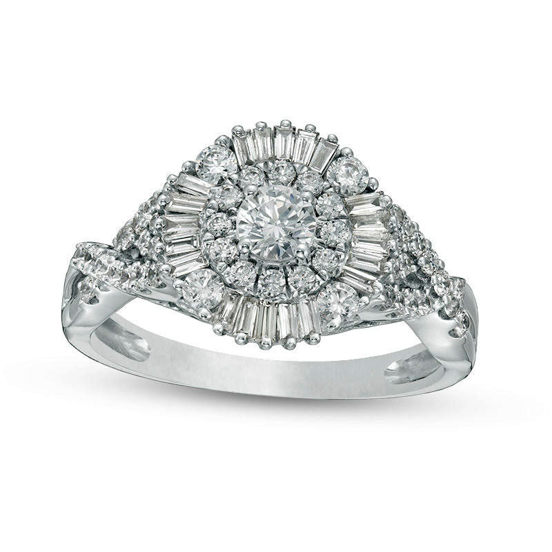 Image of ID 1 10 CT TW Baguette and Round Natural Diamond Sunburst Frame Tri-Sides Engagement Ring in Solid 14K White Gold