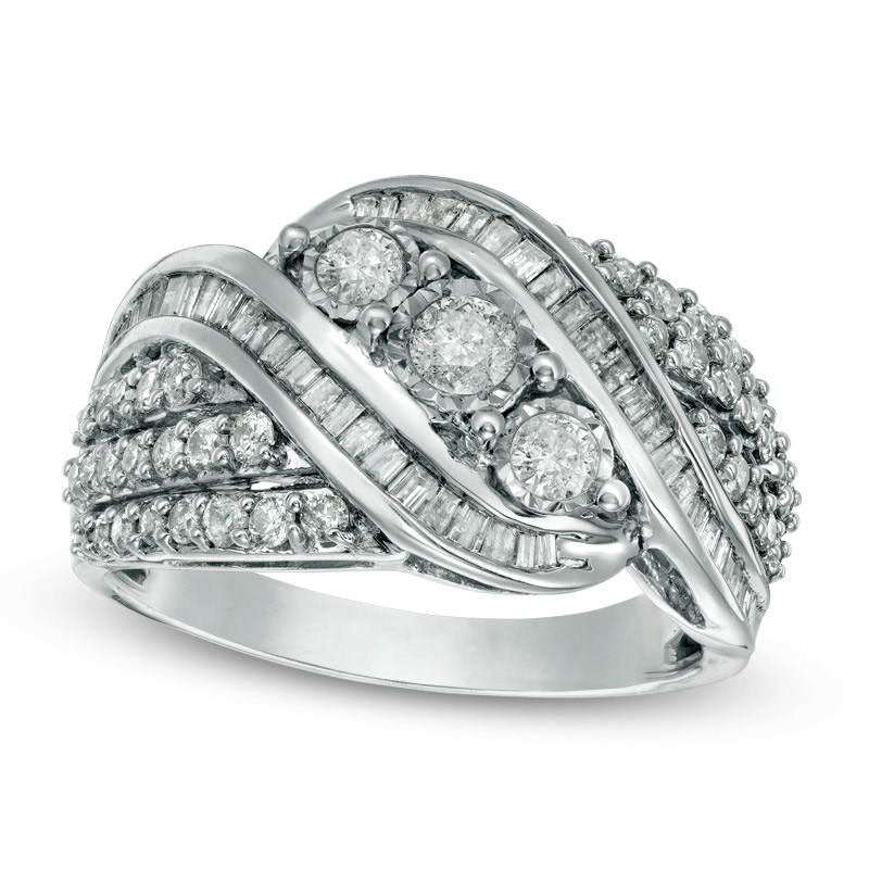 Image of ID 1 10 CT TW Baguette and Round Natural Diamond Three Stone Multi-Row Bypass Ring in Sterling Silver