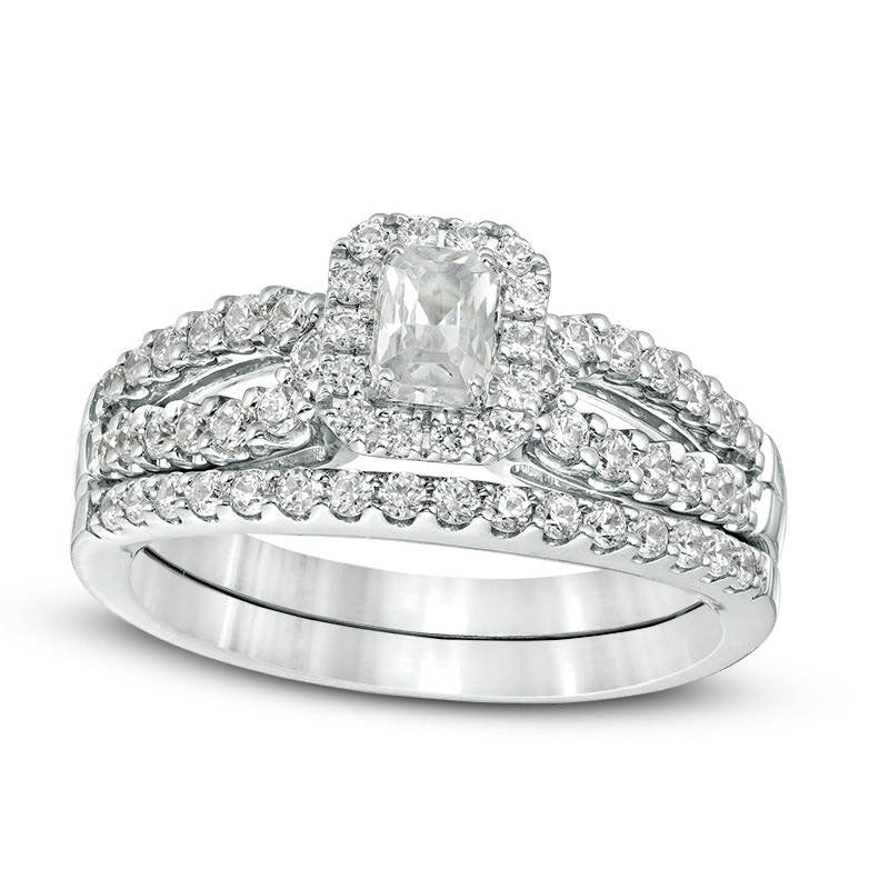 Image of ID 1 10 CT TW Certified Emerald-Cut Natural Diamond Frame Split Shank Bridal Engagement Ring Set in Solid 14K White Gold (I/I1)