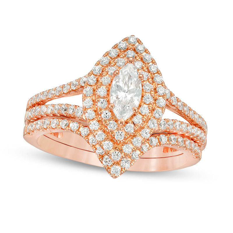 Image of ID 1 10 CT TW Certified Marquise Natural Diamond Double Frame Bridal Engagement Ring Set in Solid 14K Rose Gold (I/I1)