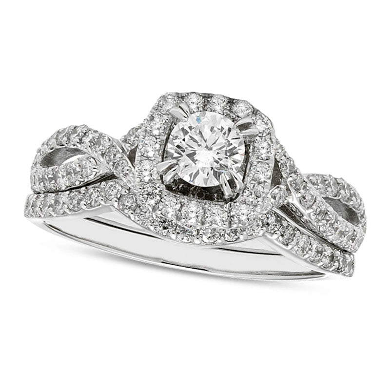 Image of ID 1 10 CT TW Certified Natural Diamond Cushion Frame Twist Shank Bridal Engagement Ring Set (I/I2)