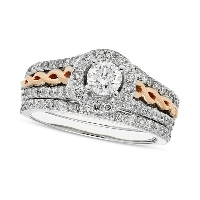 Image of ID 1 10 CT TW Certified Natural Diamond Frame Braided Shank Bridal Engagement Ring Set in Solid 14K Two-Tone Gold (I/I2)