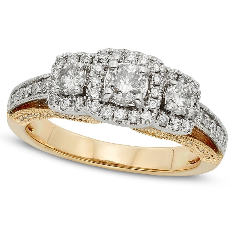 Image of ID 1 10 CT TW Certified Natural Diamond Frame Three Stone Engagement Ring in Solid 14K Two-Tone Gold (I/I2)