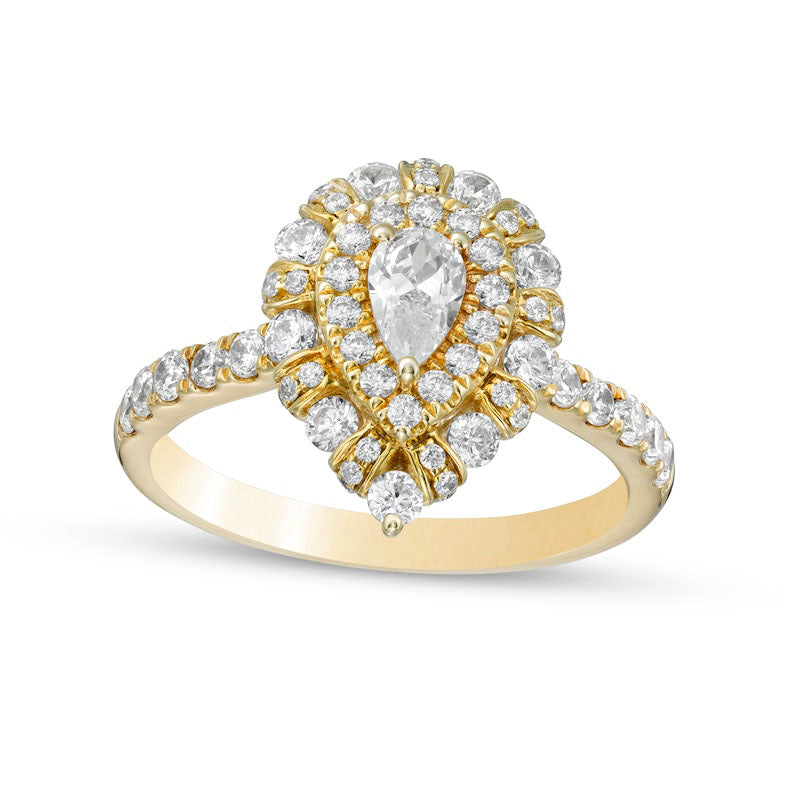 Image of ID 1 10 CT TW Certified Pear-Shaped Natural Diamond Double Frame Engagement Ring in Solid 14K Gold (I/SI2)