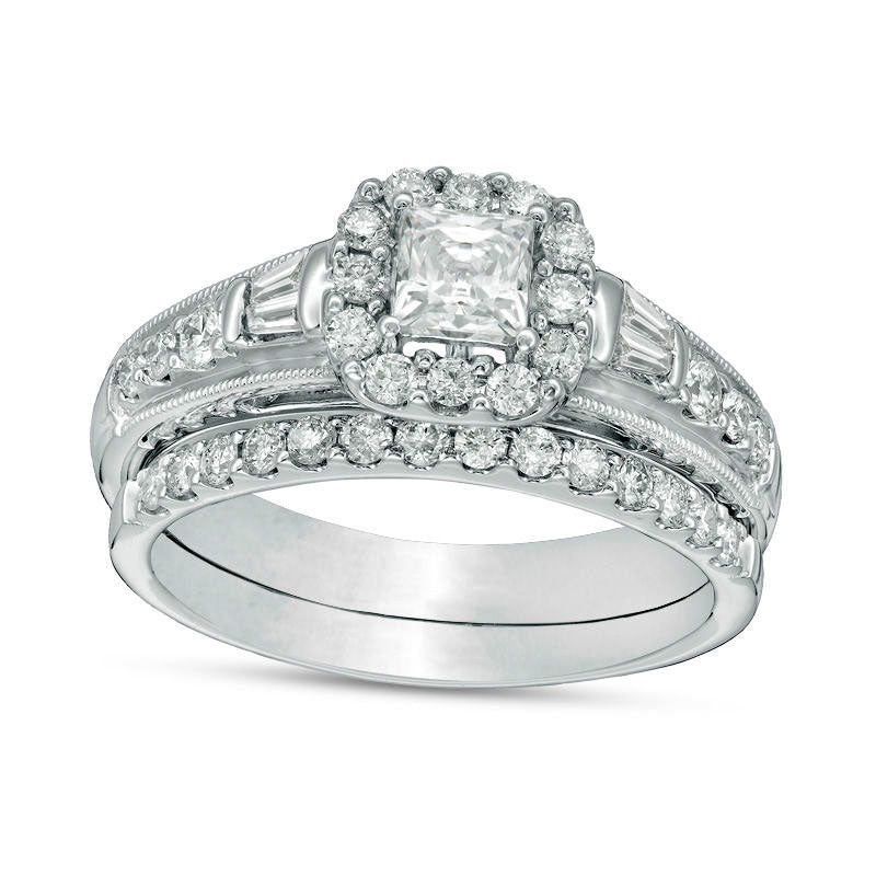Image of ID 1 10 CT TW Certified Princess-Cut Natural Diamond Frame Antique Vintage-Style Bridal Engagement Ring Set in Solid 14K White Gold (I/I1)