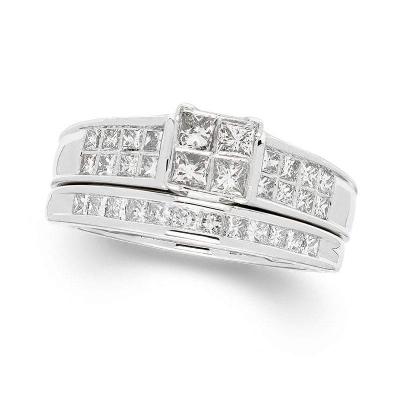Image of ID 1 10 CT TW Certified Quad Princess-Cut Natural Diamond Frame Bridal Engagement Ring Set in Solid 14K White Gold (I/I1)