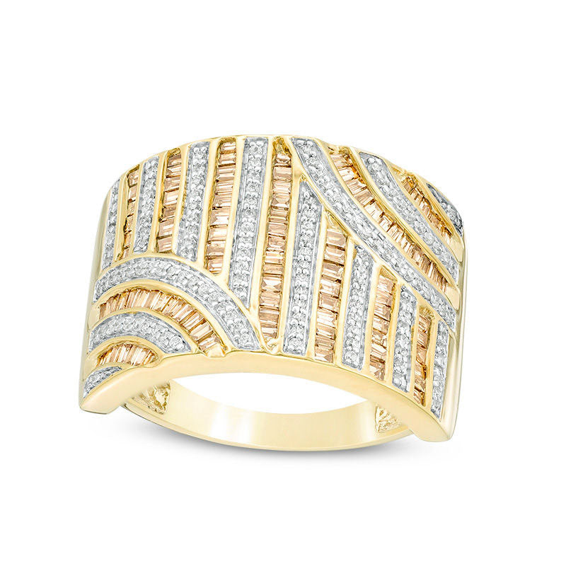Image of ID 1 10 CT TW Champagne and White Natural Diamond Art Deco Multi-Row Ring in Solid 10K Yellow Gold