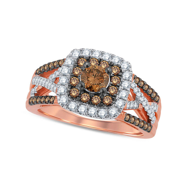 Image of ID 1 10 CT TW Champagne and White Natural Diamond Double Cushion Frame Split Shank Ring in Solid 10K Rose Gold