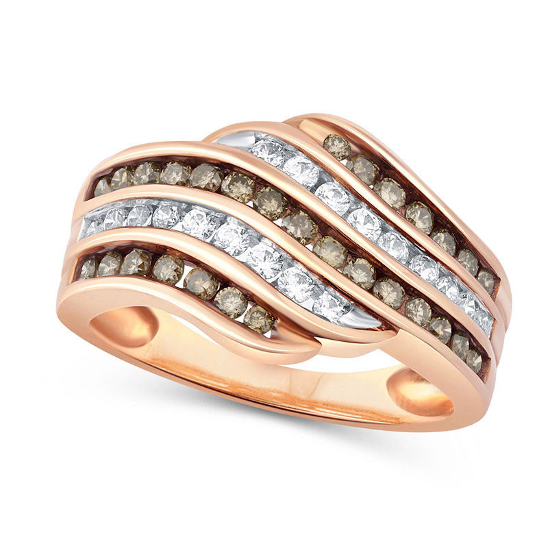 Image of ID 1 10 CT TW Champagne and White Natural Diamond Five Row Wave Ring in Solid 10K Rose Gold