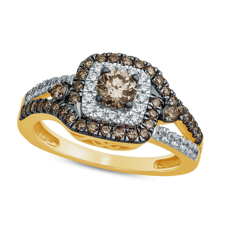 Image of ID 1 10 CT TW Champagne and White Natural Diamond Frame Split Shank Engagement Ring in Solid 10K Yellow Gold