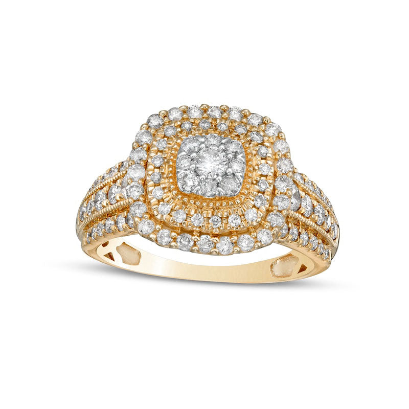 Image of ID 1 10 CT TW Composite Cushion-Shaped Natural Diamond Double Frame Multi-Row Engagement Ring in Solid 10K Yellow Gold