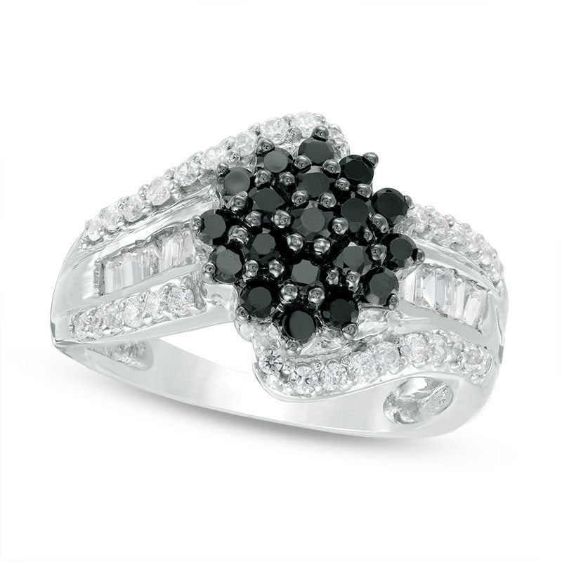 Image of ID 1 10 CT TW Composite Enhanced Black and White Natural Diamond Three Row Bypass Ring in Solid 10K White Gold