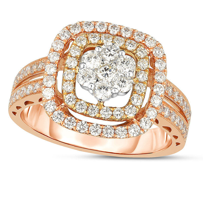 Image of ID 1 10 CT TW Composite Natural Diamond Double Cushion Frame Ring in Solid 14K Tri-Tone Gold