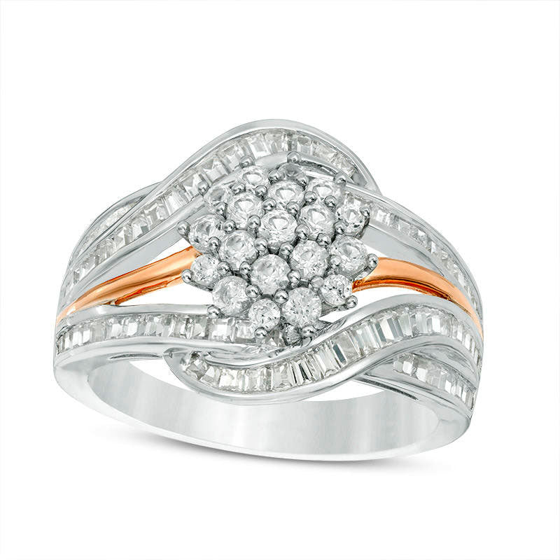 Image of ID 1 10 CT TW Composite Natural Diamond Flower Bypass Multi-Row Ring in Solid 14K White Gold and Rose Rhodium