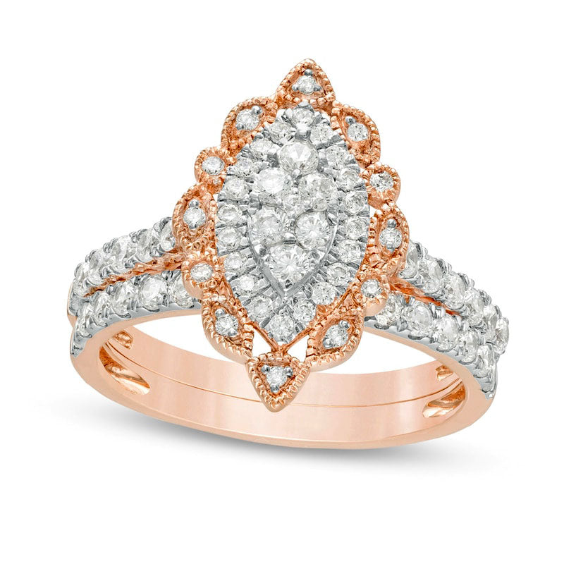 Image of ID 1 10 CT TW Composite Natural Diamond Scallop Marquise Frame Antique Vintage-Style Bridal Engagement Ring Set in Solid 10K Rose Gold