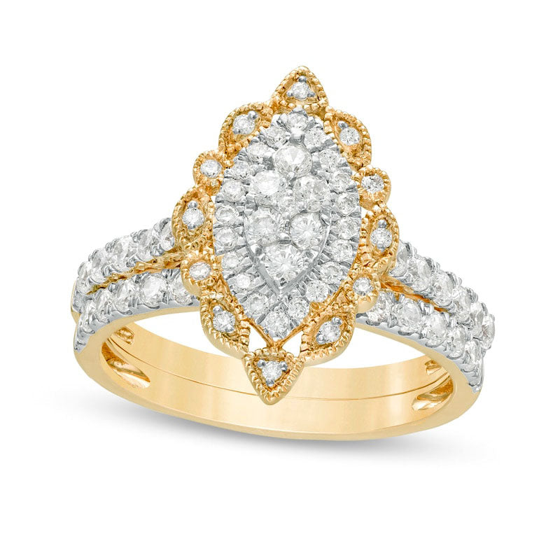 Image of ID 1 10 CT TW Composite Natural Diamond Scallop Marquise Frame Antique Vintage-Style Bridal Engagement Ring Set in Solid 10K Yellow Gold