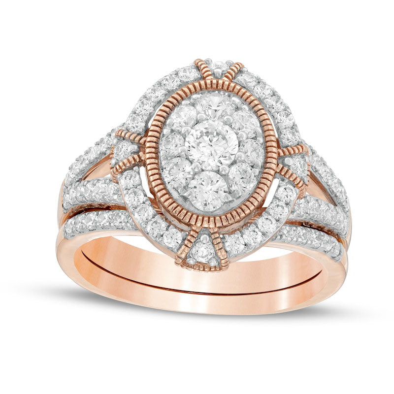 Image of ID 1 10 CT TW Composite Oval Natural Diamond Split Shank Antique Vintage-Style Bridal Engagement Ring Set in Solid 10K Rose Gold