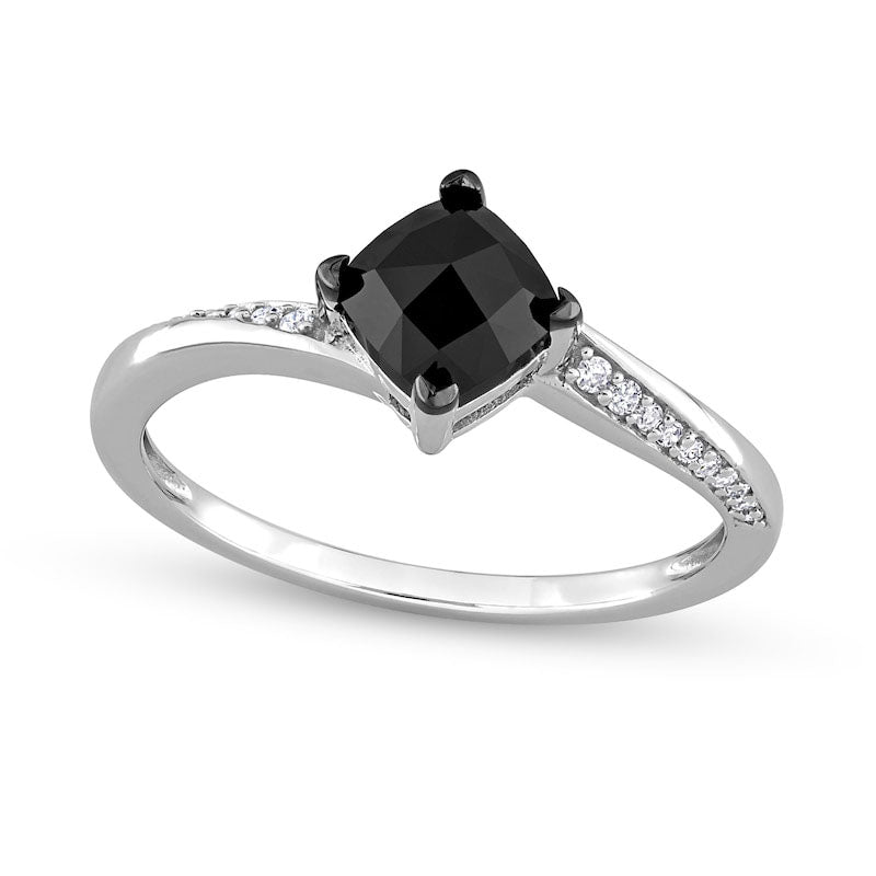 Image of ID 1 10 CT TW Cushion-Cut Black Enhanced and White Natural Diamond Tilted Bypass Engagement Ring in Solid 10K White Gold