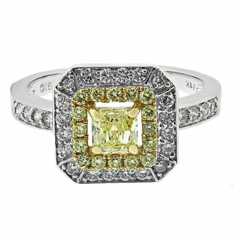 Image of ID 1 10 CT TW Cushion-Cut Fancy Yellow and White Natural Diamond Double Frame Ring in Solid 14K White Gold (SI2)