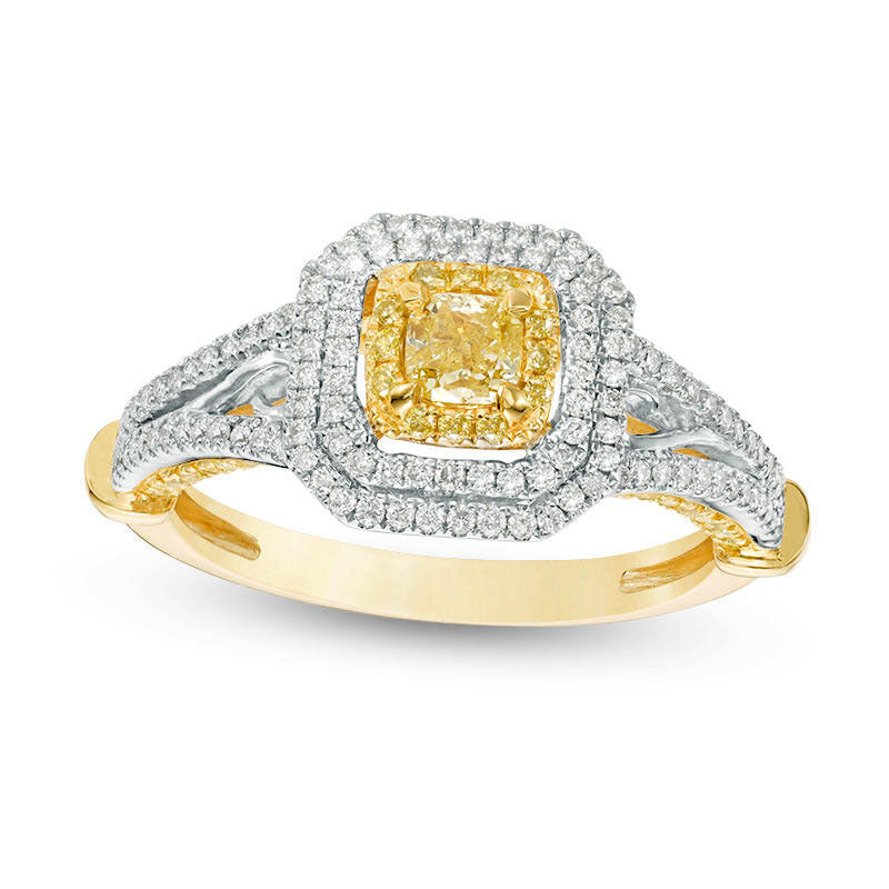 Image of ID 1 10 CT TW Cushion-Cut Yellow and White Natural Diamond Triple Frame Engagement Ring in Solid 14K Two Tone Gold - Size 7