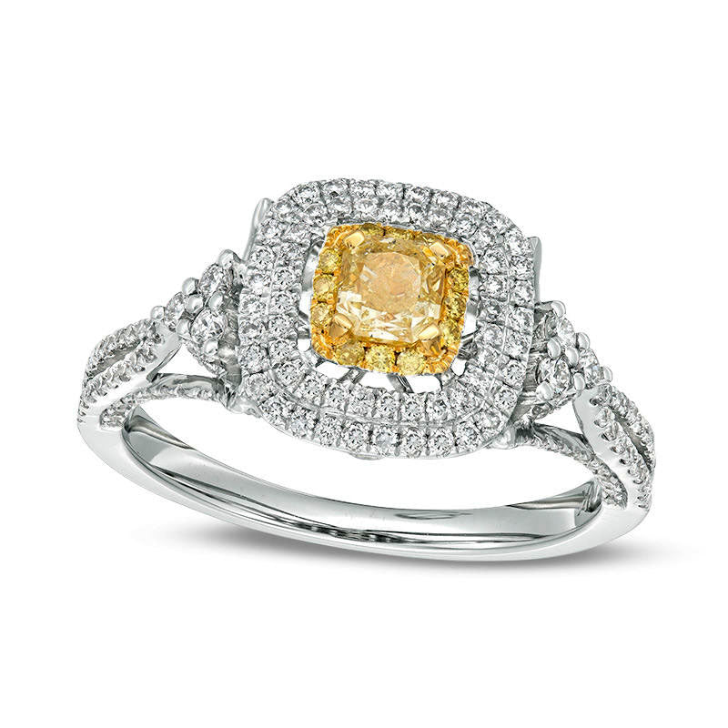 Image of ID 1 10 CT TW Cushion-Cut Yellow and White Natural Diamond Triple Frame Tri-Sides Engagement Ring in Solid 14K White Gold - Size 7