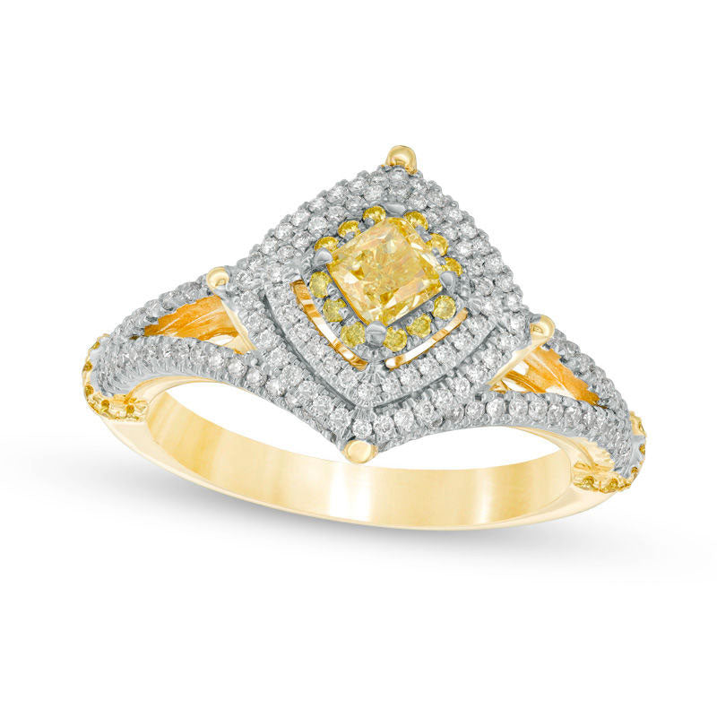 Image of ID 1 10 CT TW Cushion-Cut Yellow and White Natural Diamond Triple Tilted Frame Engagement Ring in Solid 14K Gold - Size 7