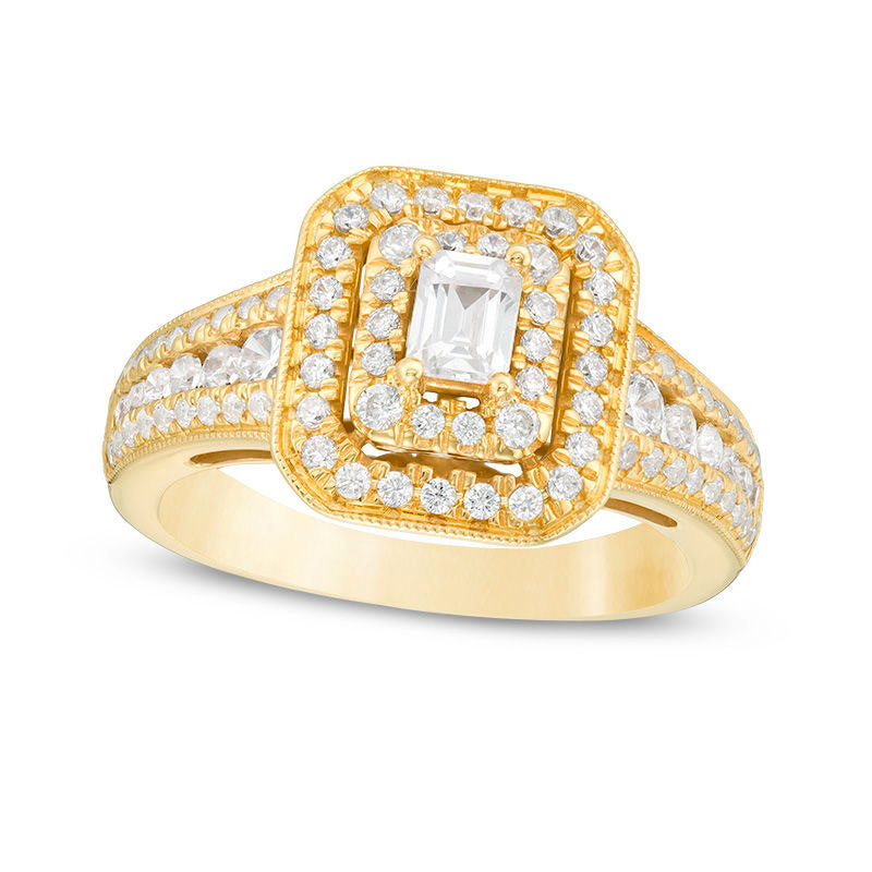 Image of ID 1 10 CT TW Emerald-Cut Natural Diamond Double Frame Antique Vintage-Style Engagement Ring in Solid 14K Gold