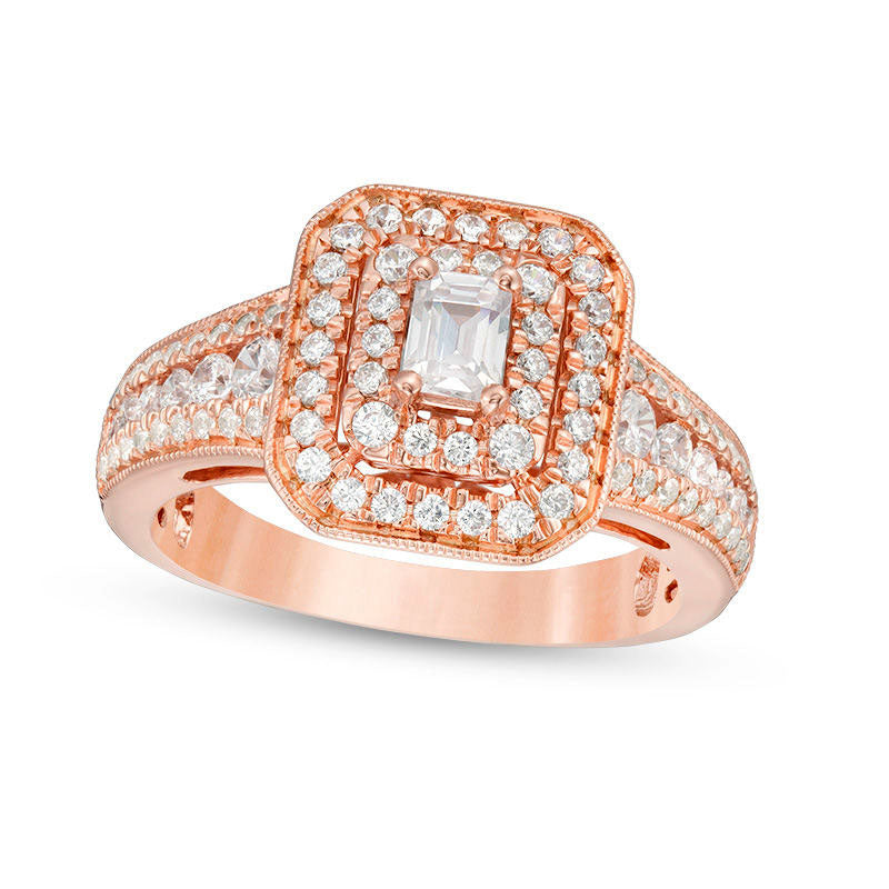 Image of ID 1 10 CT TW Emerald-Cut Natural Diamond Double Frame Antique Vintage-Style Engagement Ring in Solid 14K Rose Gold