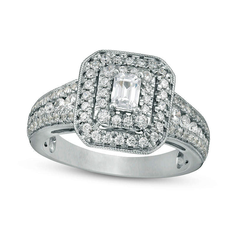 Image of ID 1 10 CT TW Emerald-Cut Natural Diamond Double Frame Antique Vintage-Style Engagement Ring in Solid 14K White Gold