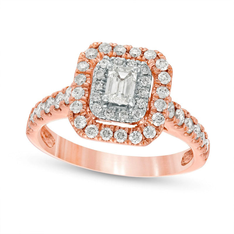 Image of ID 1 10 CT TW Emerald-Cut Natural Diamond Double Frame Engagement Ring in Solid 14K Rose Gold