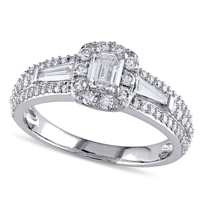 Image of ID 1 10 CT TW Emerald-Cut Natural Diamond Frame Engagement Ring in Solid 14K White Gold