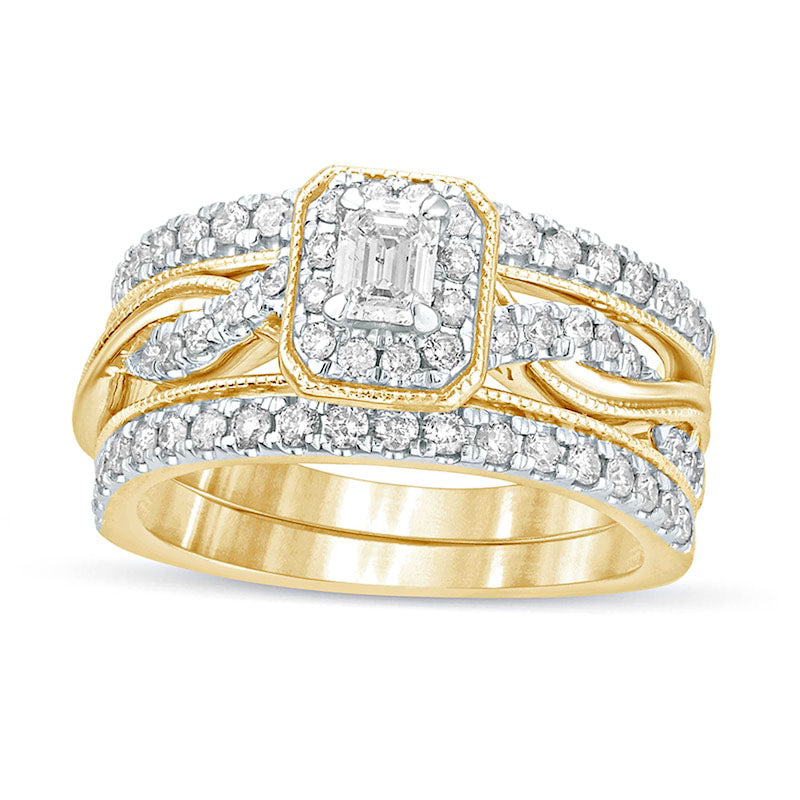 Image of ID 1 10 CT TW Emerald-Cut Natural Diamond Frame Twist Shank Antique Vintage-Style Bridal Engagement Ring Set in Solid 14K Gold