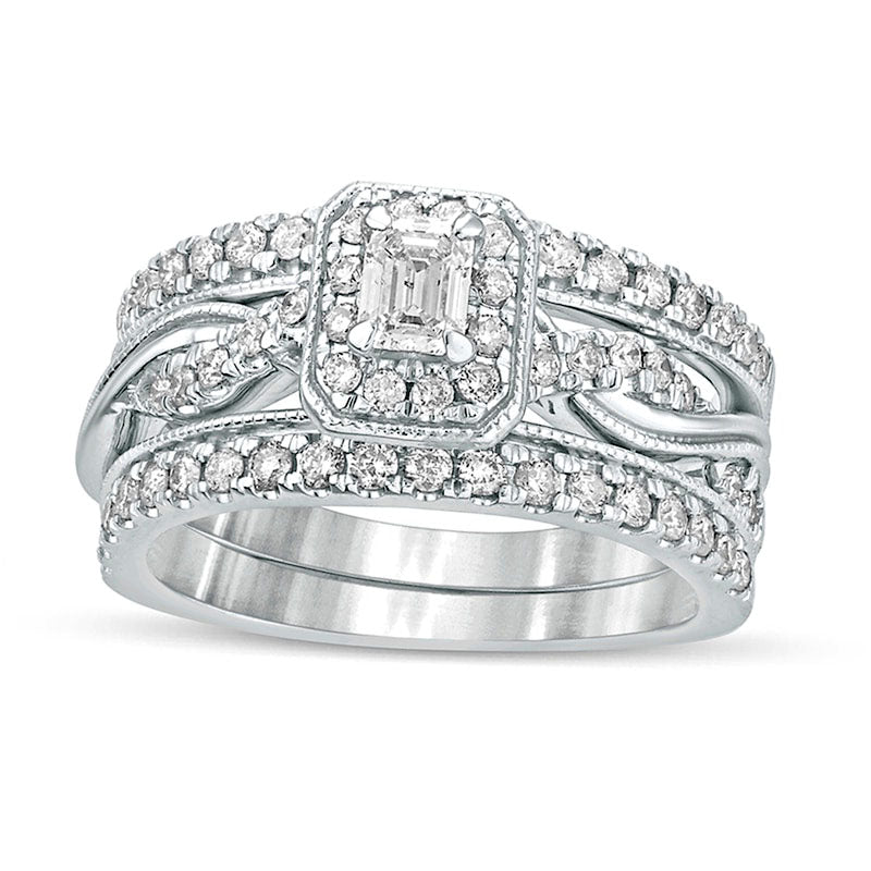 Image of ID 1 10 CT TW Emerald-Cut Natural Diamond Frame Twist Shank Antique Vintage-Style Bridal Engagement Ring Set in Solid 14K White Gold