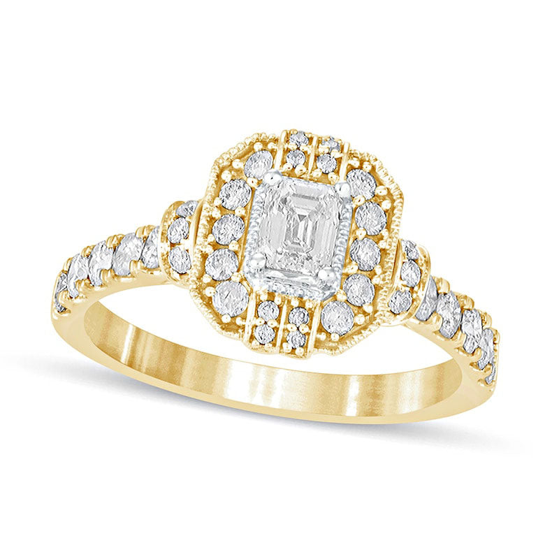 Image of ID 1 10 CT TW Emerald-Cut Natural Diamond Octagonal Frame Engagement Ring in Solid 14K Gold
