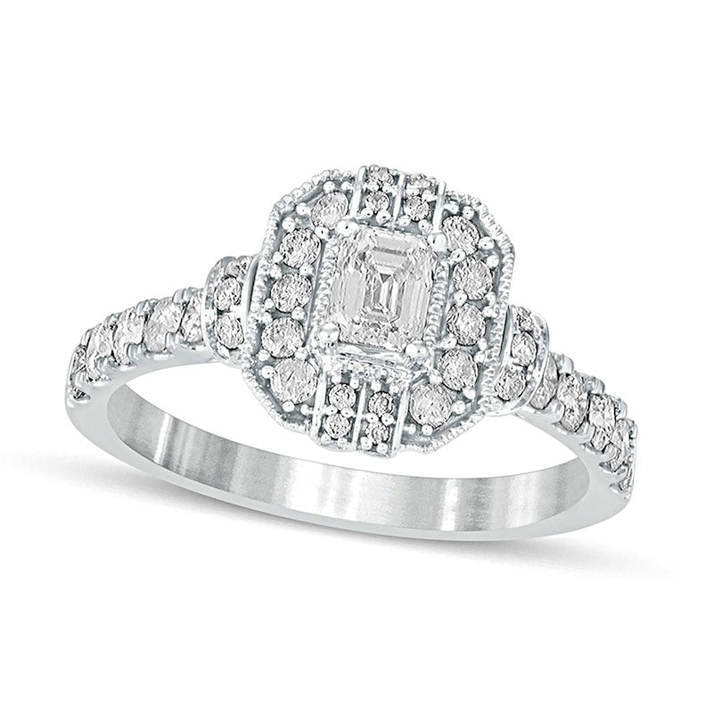 Image of ID 1 10 CT TW Emerald-Cut Natural Diamond Octagonal Frame Engagement Ring in Solid 14K White Gold