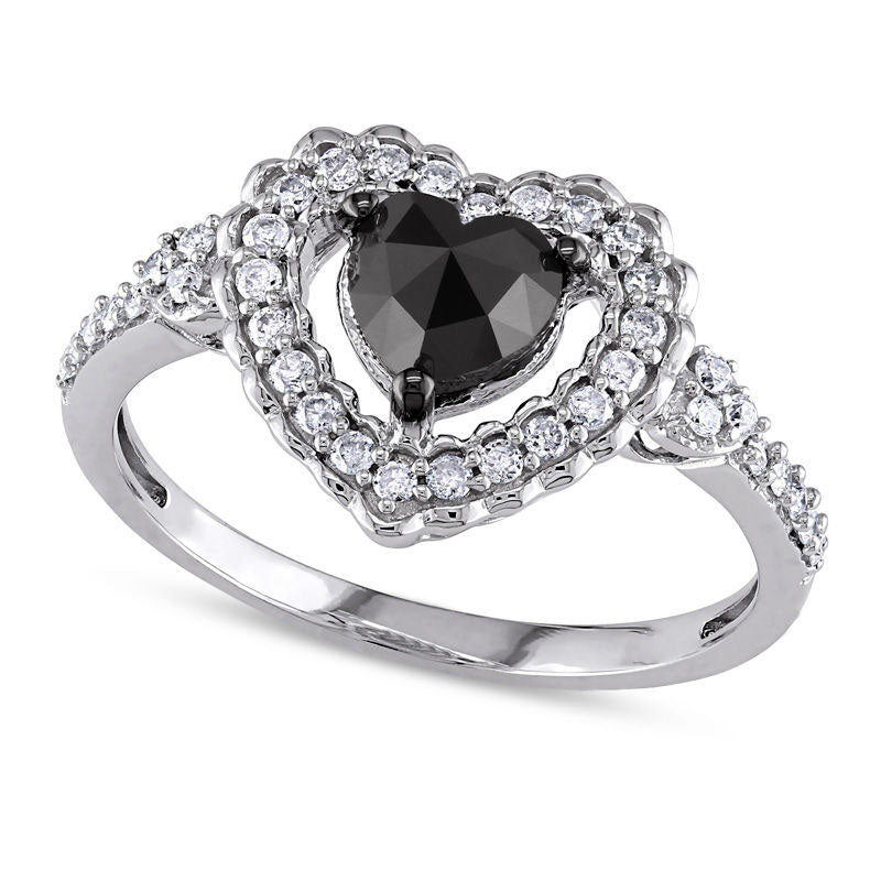 Image of ID 1 10 CT TW Enhanced Black Heart-Shaped and White Natural Diamond Scallop Frame Engagement Ring in Solid 10K White Gold