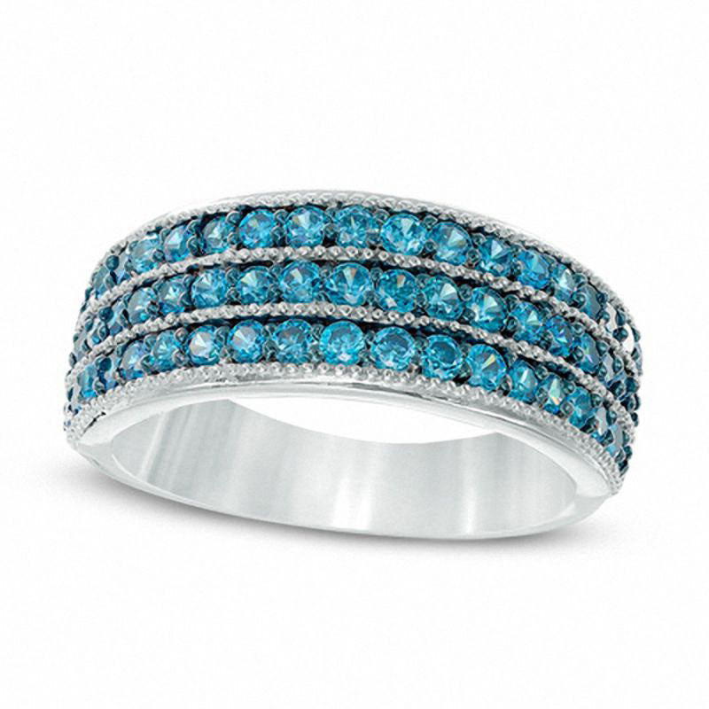 Image of ID 1 10 CT TW Enhanced Blue Natural Diamond Three Row Ring in Sterling Silver