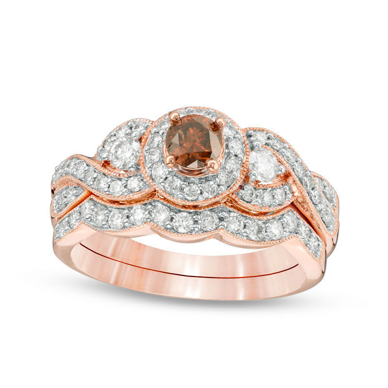 Image of ID 1 10 CT TW Enhanced Champagne and White Natural Diamond Frame Twist Antique Vintage-Style Bridal Engagement Ring Set in Solid 14K Rose Gold