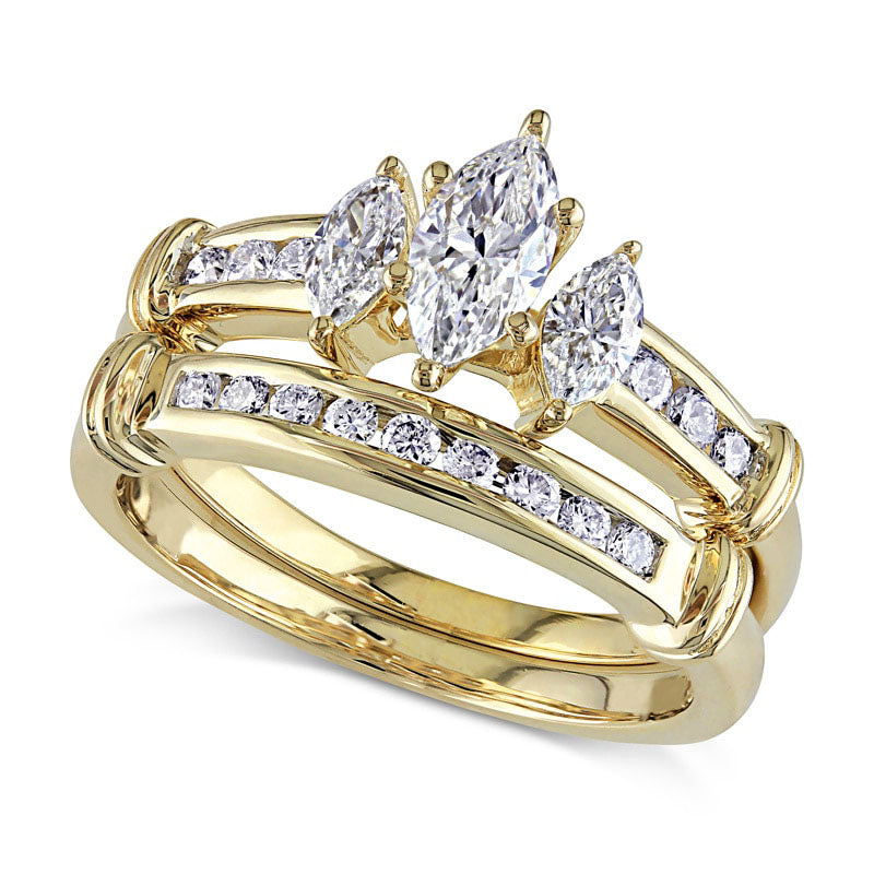 Image of ID 1 10 CT TW Marquise Natural Diamond Three Stone Bridal Engagement Ring Set in Solid 14K Gold