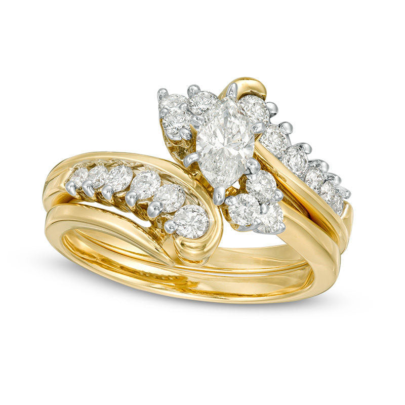 Image of ID 1 10 CT TW Marquise Natural Diamond Tri-Sides Bypass Bridal Engagement Ring Set in Solid 14K Gold