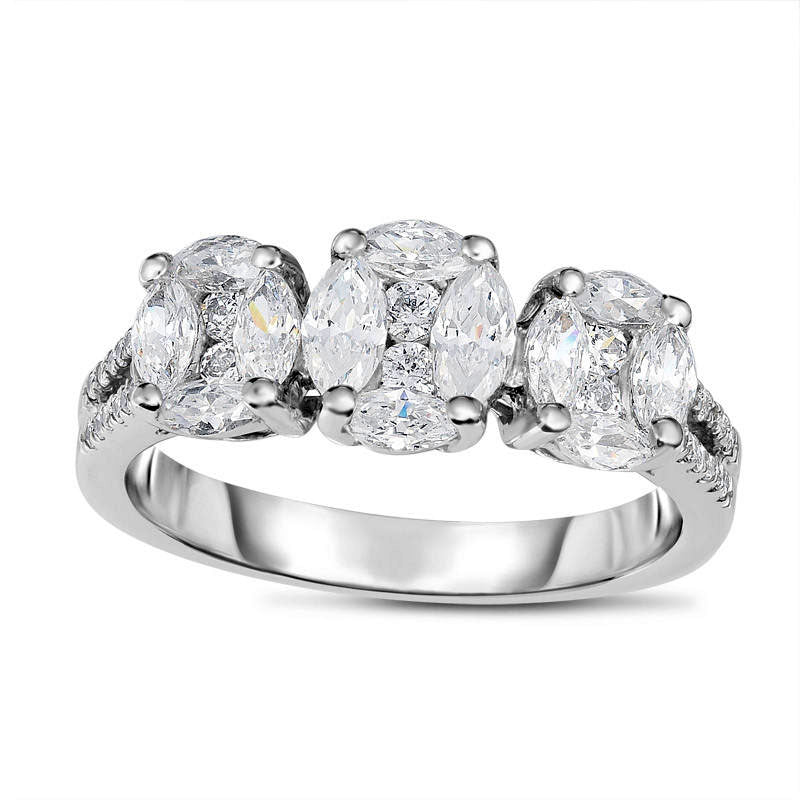 Image of ID 1 10 CT TW Marquise and Princess-Cut Composite Natural Diamond Three Stone Engagement Ring in Solid 14K White Gold