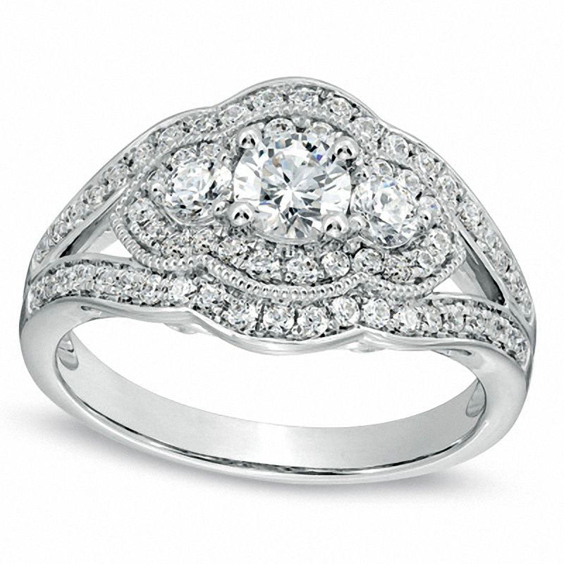 Image of ID 1 10 CT TW Natural Diamond Antique Vintage-Style Three Stone Engagement Ring in Solid 14K White Gold