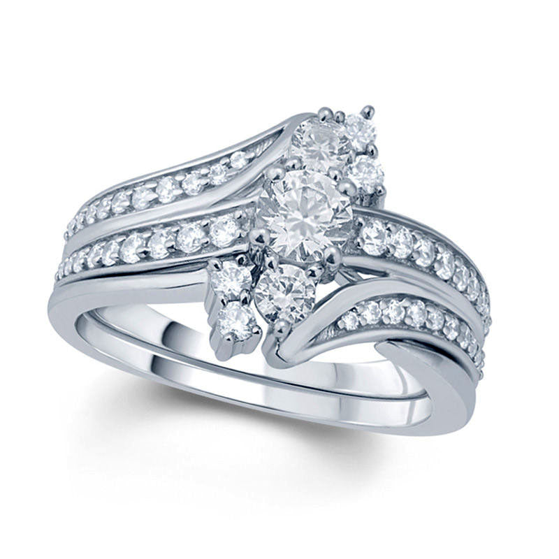 Image of ID 1 10 CT TW Natural Diamond Bypass Three Stone Bridal Engagement Ring Set in Solid 10K White Gold