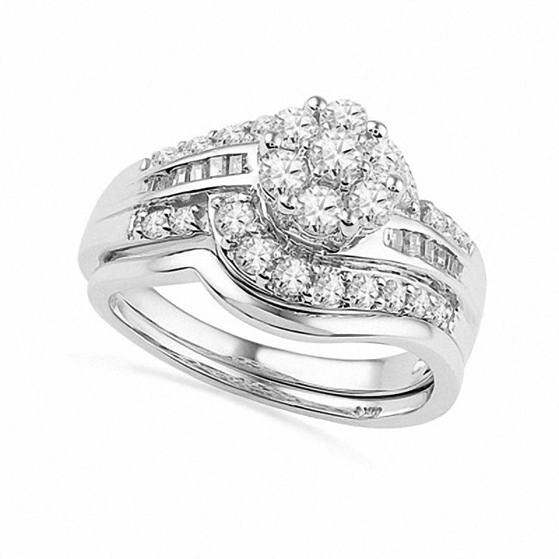 Image of ID 1 10 CT TW Natural Diamond Cluster Bridal Engagement Ring Set in Solid 10K White Gold